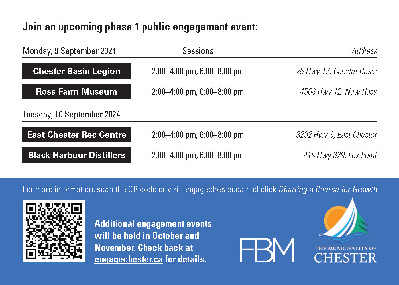 September 9th:  •	Chester Basin Legion: 2:00 PM – 4:00 PM, 6:00 PM – 8:00 PM •	New Ross Farm Museum: 2:00 PM – 4:00 PM, 6:00 PM – 8:00 PM  September 10th:  •	East Chester Recreation Hall: 2:00 PM – 4:00 PM, 6:00 PM – 8:00 PM •	Black Harbour Distillery: 2:00 PM – 4:00 PM, 6:00 PM – 8:00 PM