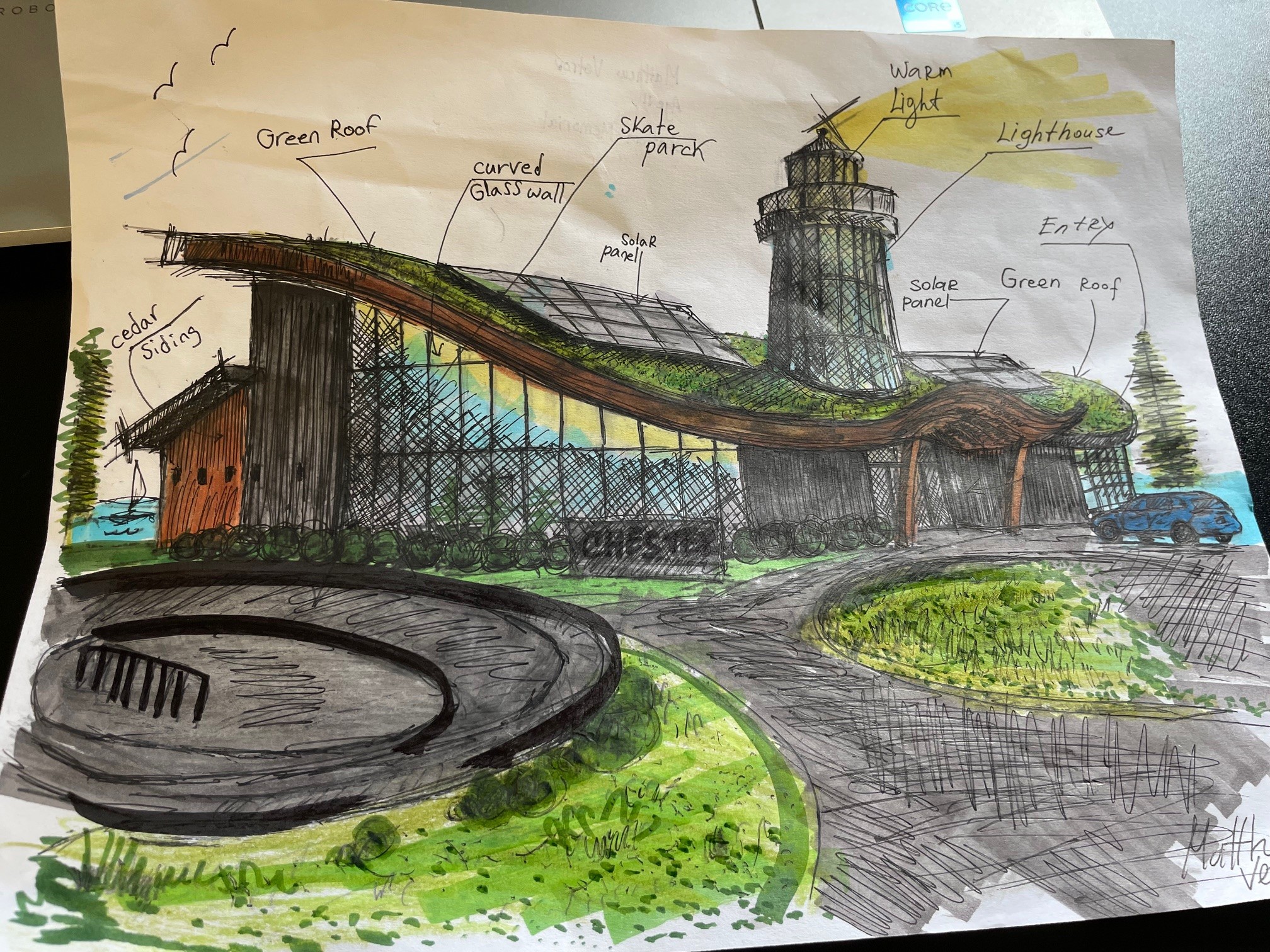 Matthew's original pen and marker sketch and AI assisted renderings