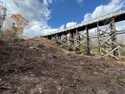 wooden train bridge trestles